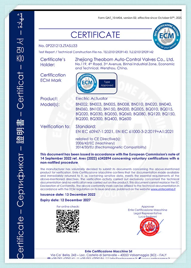 CE Certificate for Electric Actuator