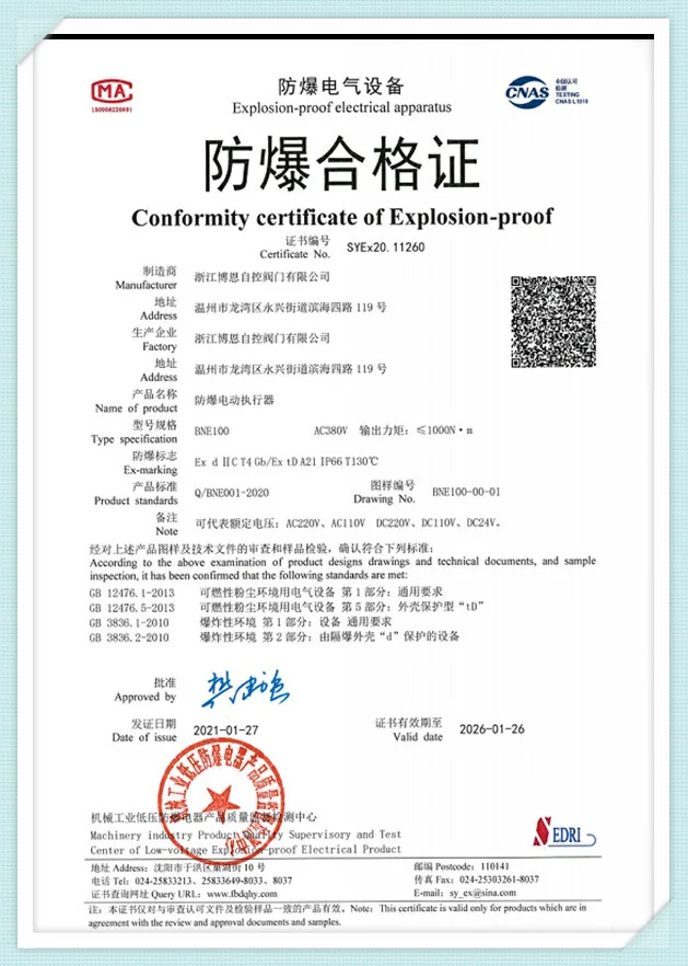 Explosion-proof Conformity Certificate BNE100