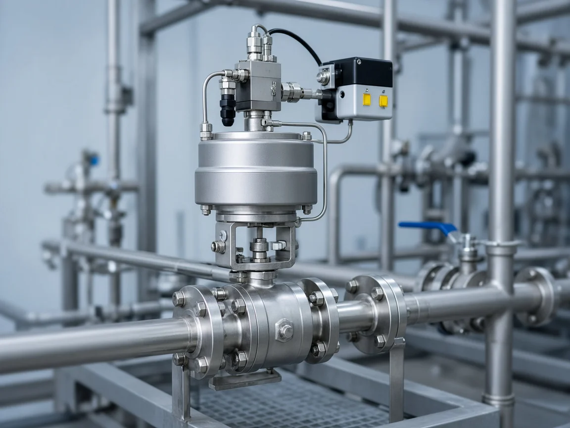 Stainless pneumatic actuator with solenoid and limit switch on a process skid