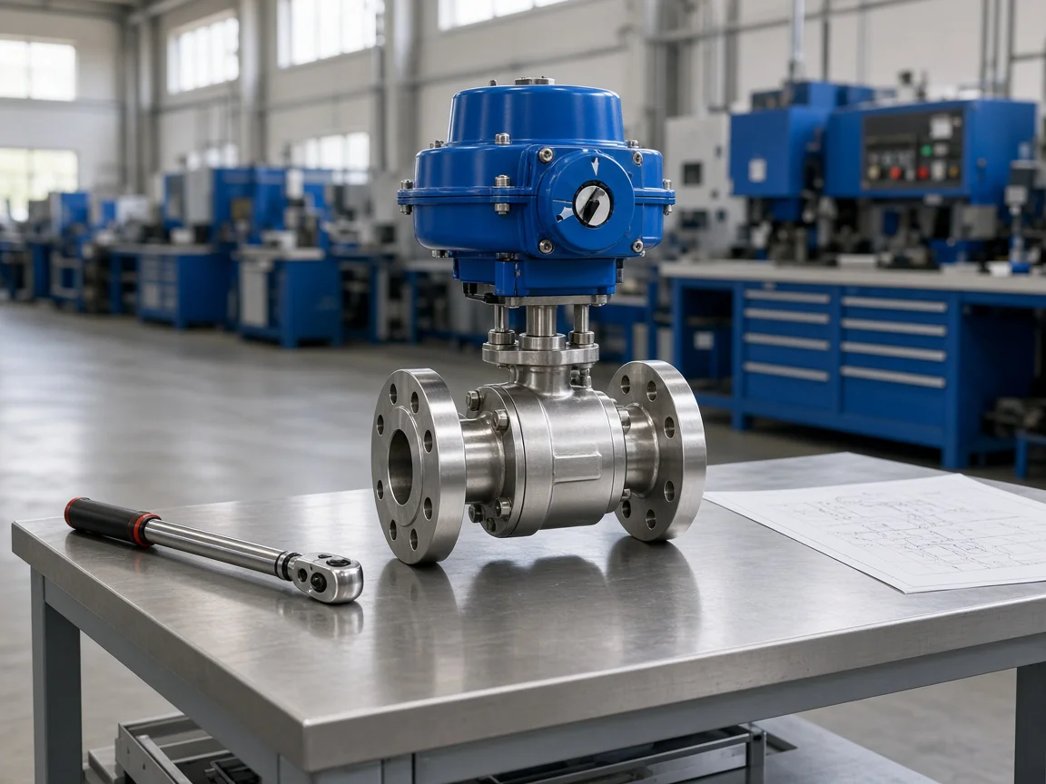 Blue electric actuator on a flanged valve at the factory bench